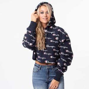 Champion Reverse Weave Cropped Pullover Hoodie | All-Over Logo Sweatshirt Size M